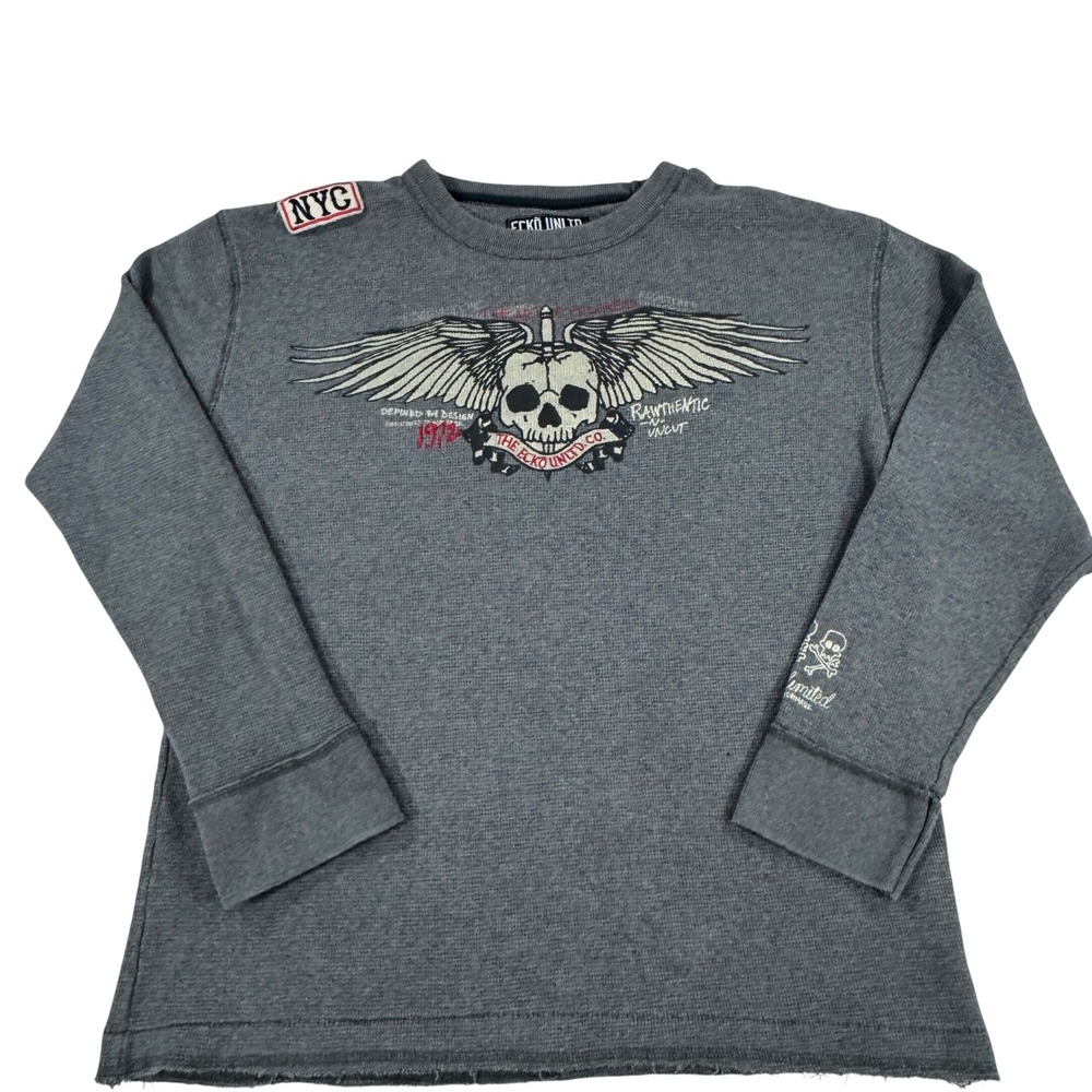 Y2K Ecko Unltd Thermal Long Sleeve Men's XL Winged Skull Graphic Raw Hem Shirt